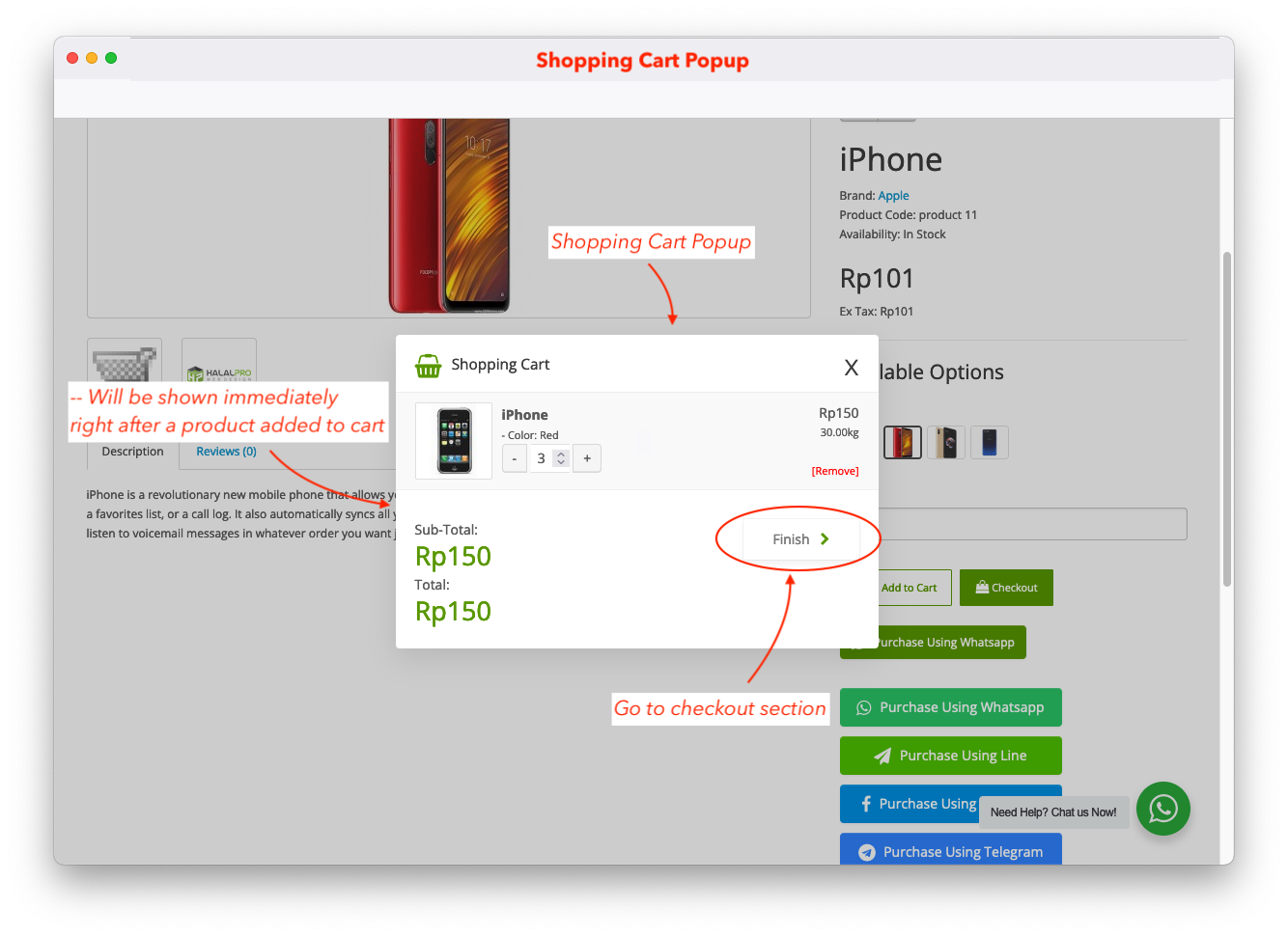 shopping cart popup section on whatsapp checkout opencart
